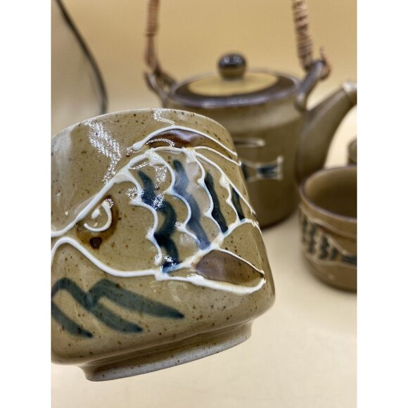 OTAGIRI Fish Stoneware Tea Set Teapot & 4 Cups Japan Vintage - Picture 11 of 12